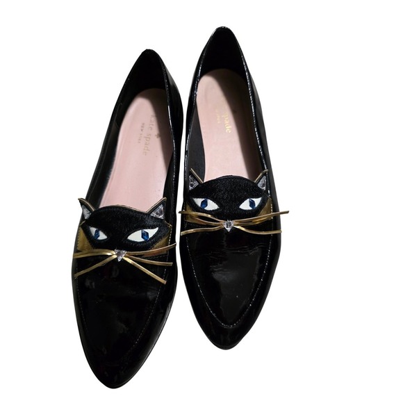 Kate Spade New York Black Cat Patent Leather Loafers Flats Real Calf Fur 8M - Picture 2 of 7